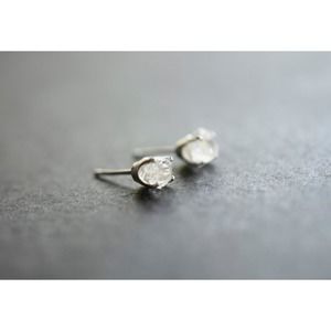 Sterling silver stud earrings, alternative diamond, uncut natural gemstones